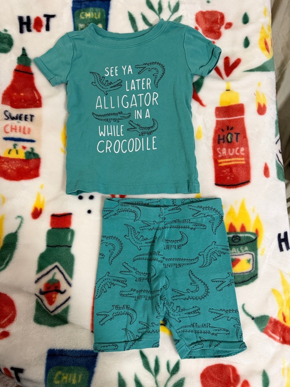 Kids Teal Alligator Print Pajama Set - Short Sleeve Top & Shorts 2T